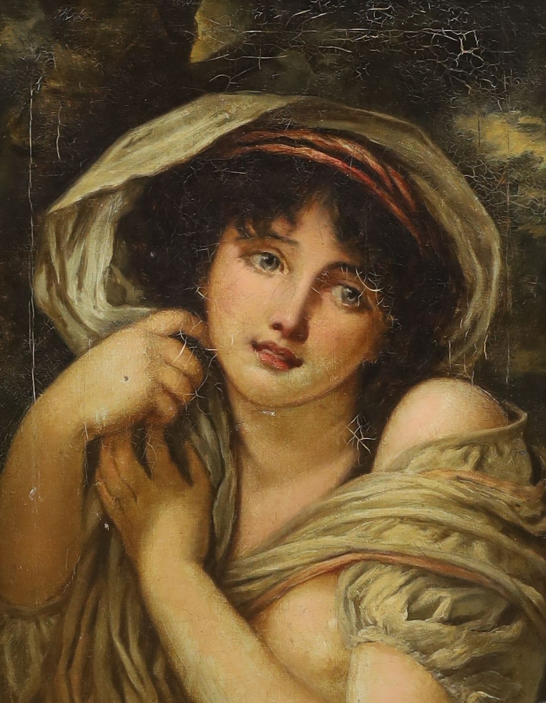 After Jean Baptiste Greuze (1725-1805), oil on canvas, Portrait of a young woman, 43 x 33cm and an oil still life of fruit, 40 x 55cm